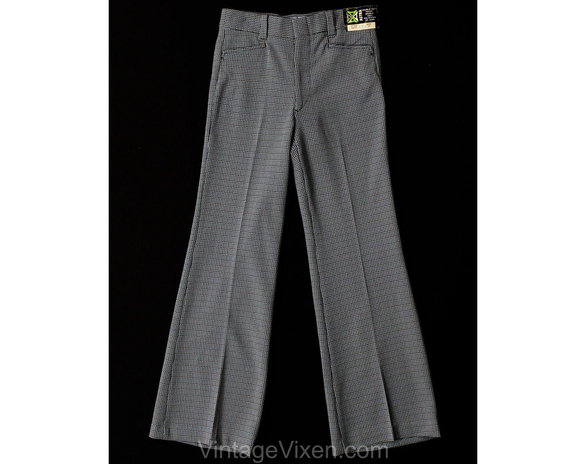 Teen Size 14 16 Blue Polyester 1960s Pants - Teenage Boy's 60s Mod Trouser - Late 60s 70s Houndstooth Double Knit - Waist 27 - NOS Deadstock
