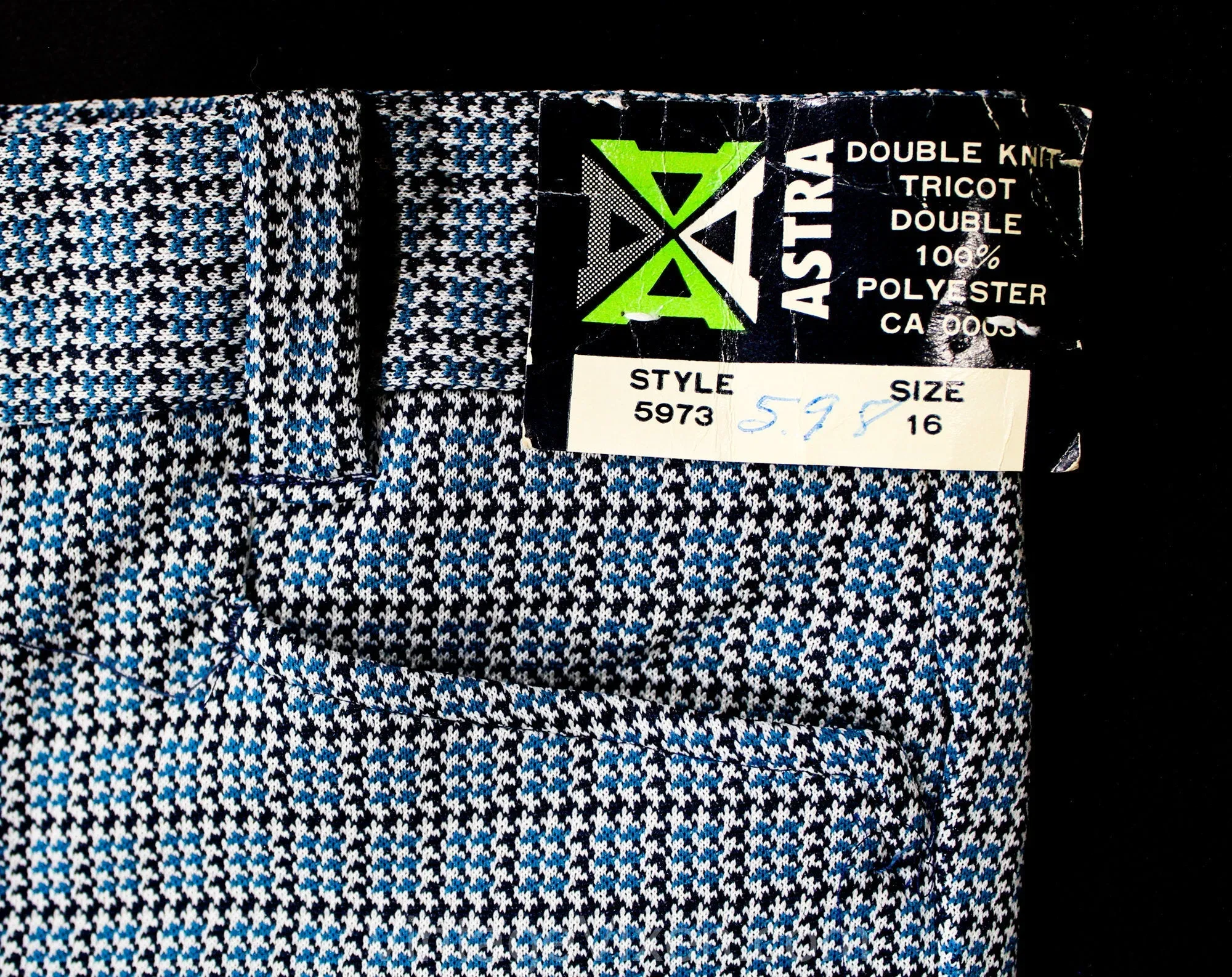 Teen Size 14 16 Blue Polyester 1960s Pants - Teenage Boy's 60s Mod Trouser - Late 60s 70s Houndstooth Double Knit - Waist 27 - NOS Deadstock
