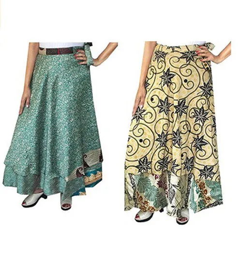 Vintage 2 Layer Silk Sari Magic Wrap Around Skirt Dress Beach Wear Sarong Skirts