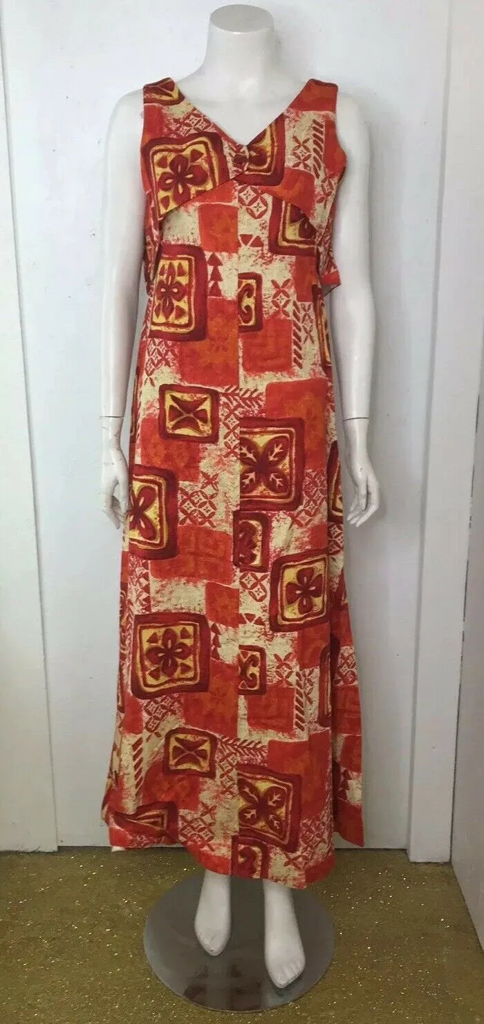 Vintage 60s Mod Cotton Barkcloth Hawaiian Orange Red Psychadelic Maxi Dress 12