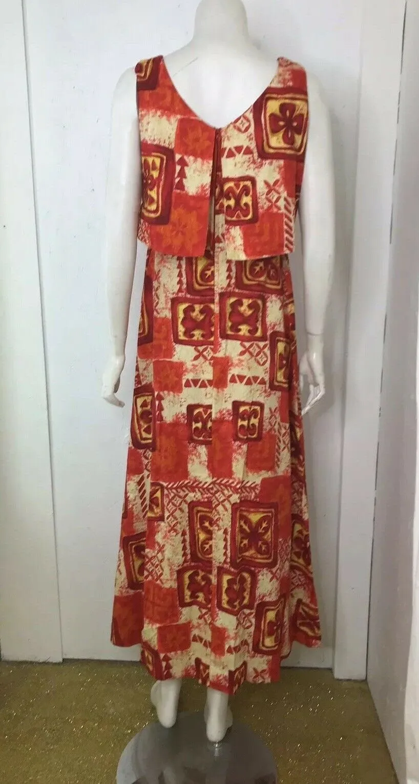 Vintage 60s Mod Cotton Barkcloth Hawaiian Orange Red Psychadelic Maxi Dress 12