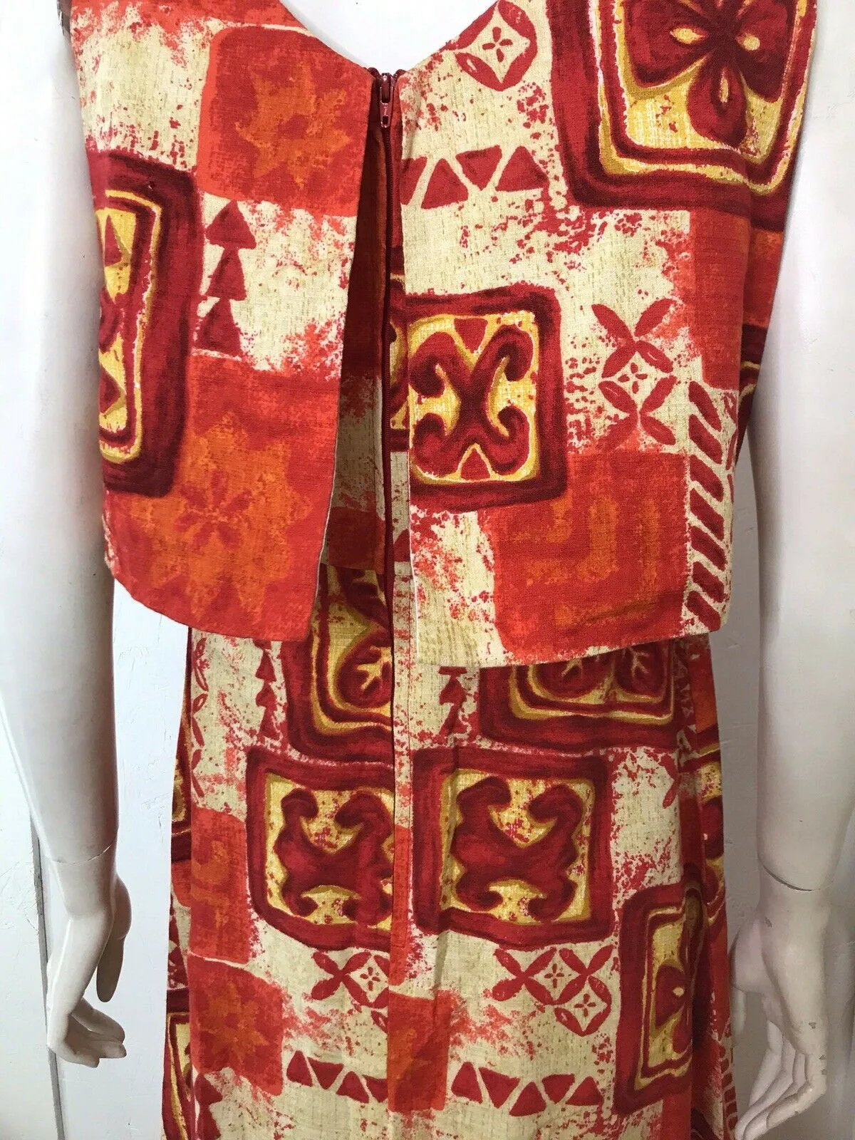 Vintage 60s Mod Cotton Barkcloth Hawaiian Orange Red Psychadelic Maxi Dress 12