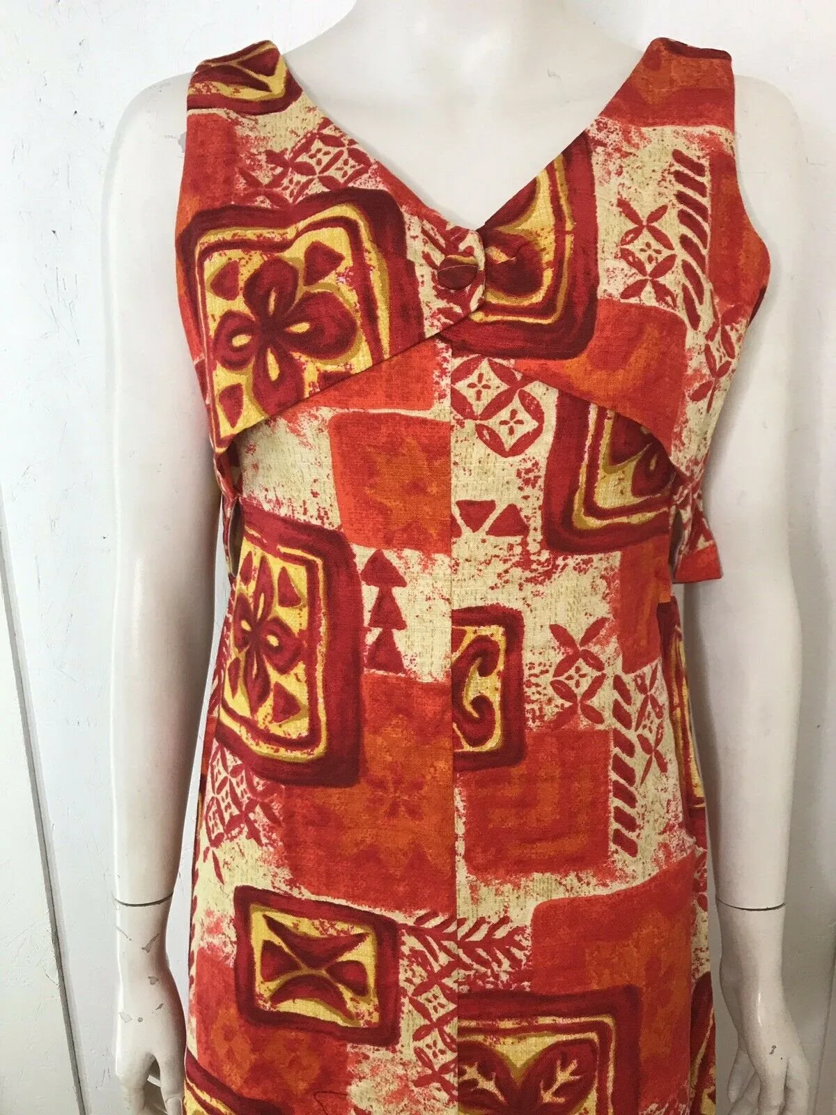 Vintage 60s Mod Cotton Barkcloth Hawaiian Orange Red Psychadelic Maxi Dress 12