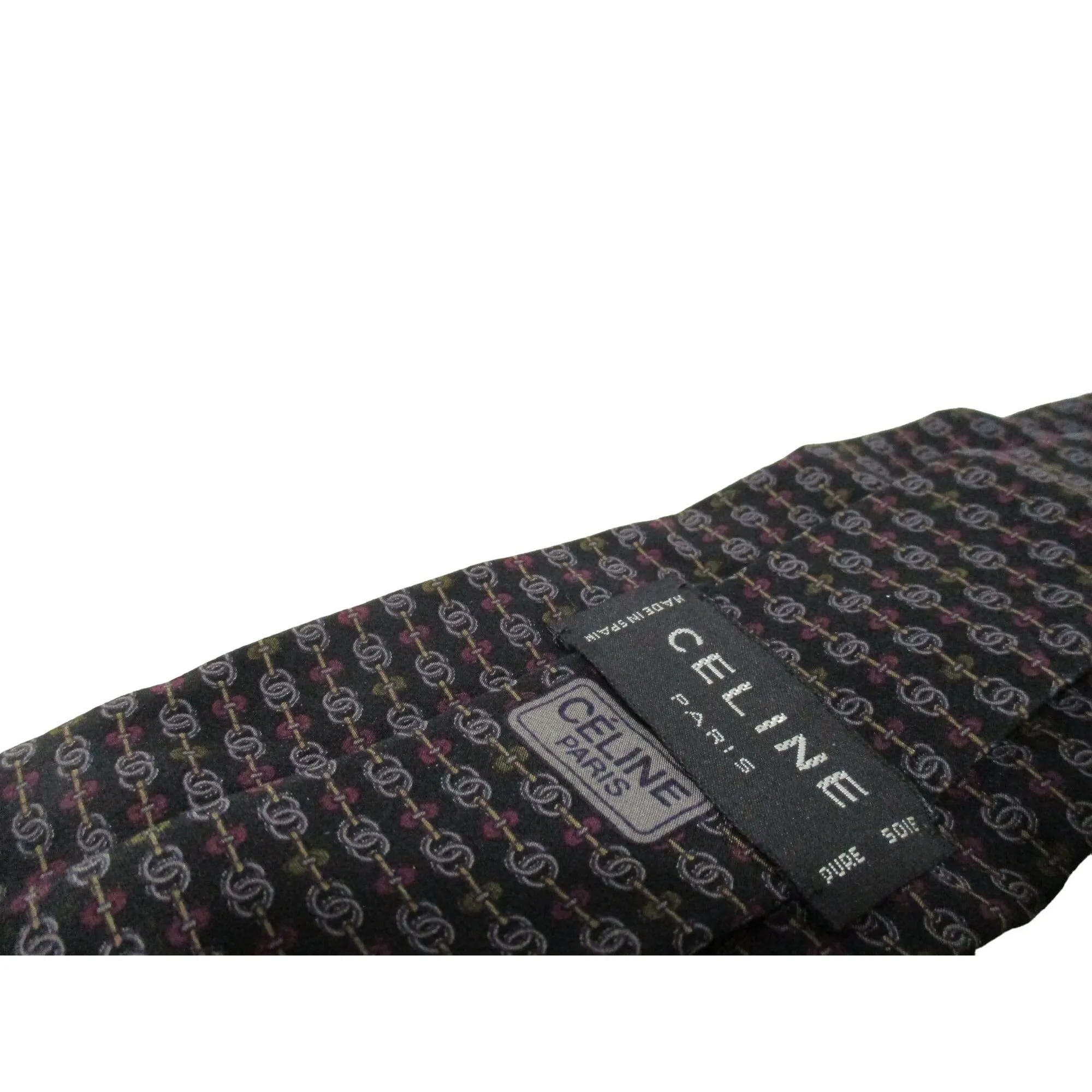 vintage Celine tie made of 100% silk with a logo print in shades of blue with green and red/pink.