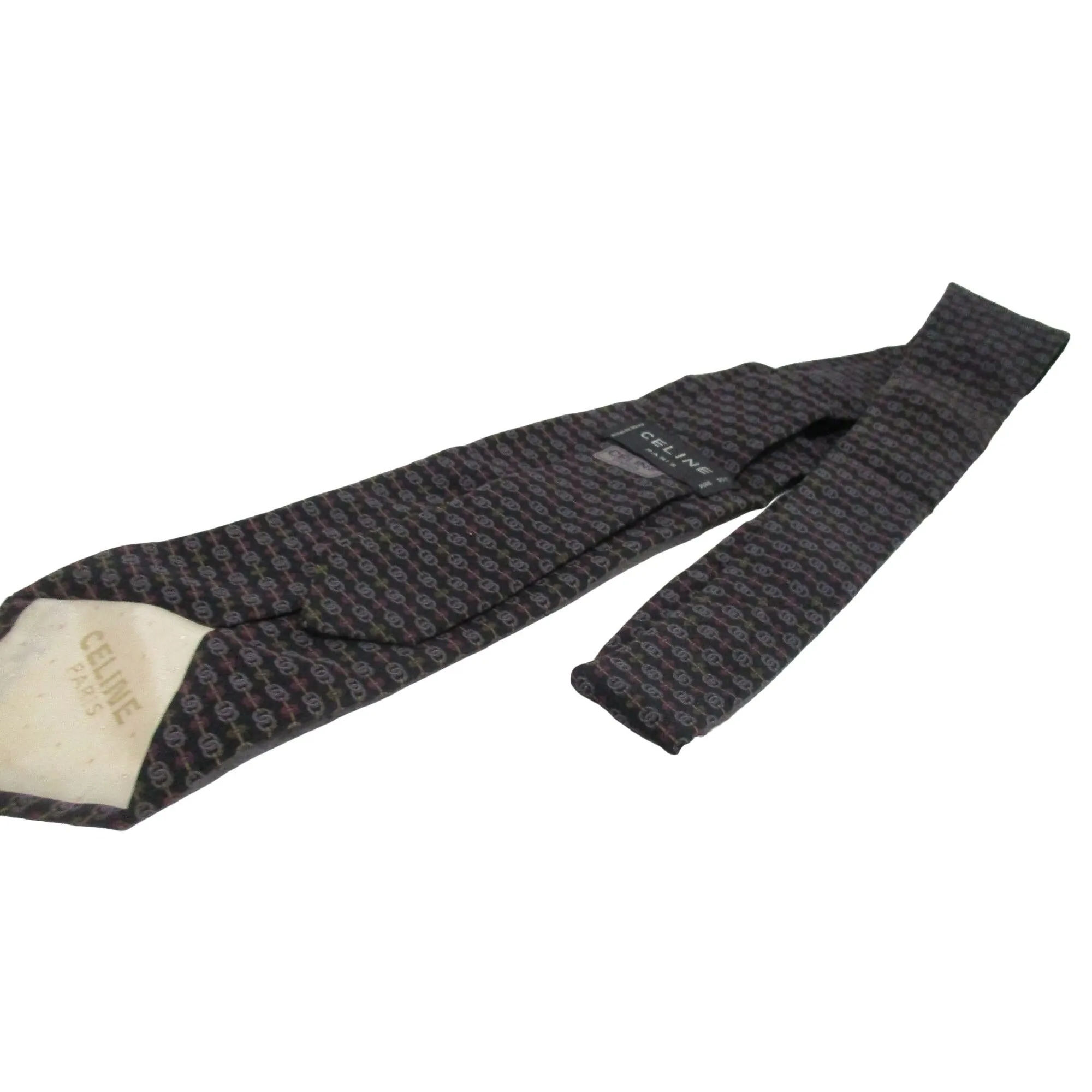 vintage Celine tie made of 100% silk with a logo print in shades of blue with green and red/pink.