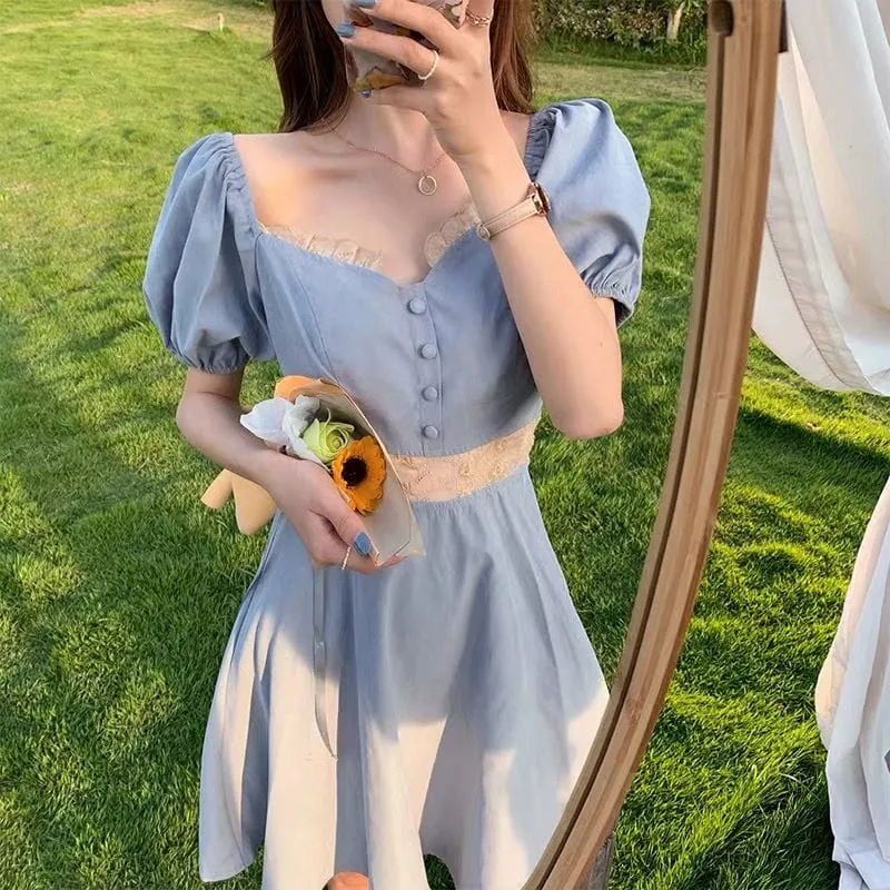 Vintage Elegant Puff Sleeve Short Dress