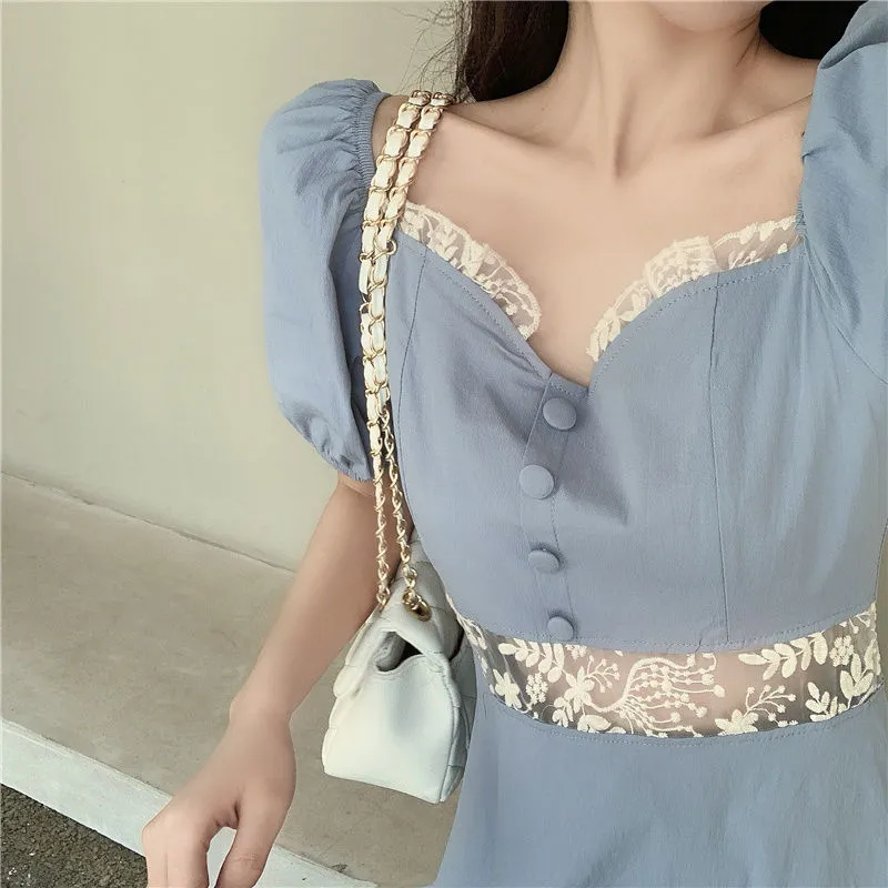 Vintage Elegant Puff Sleeve Short Dress
