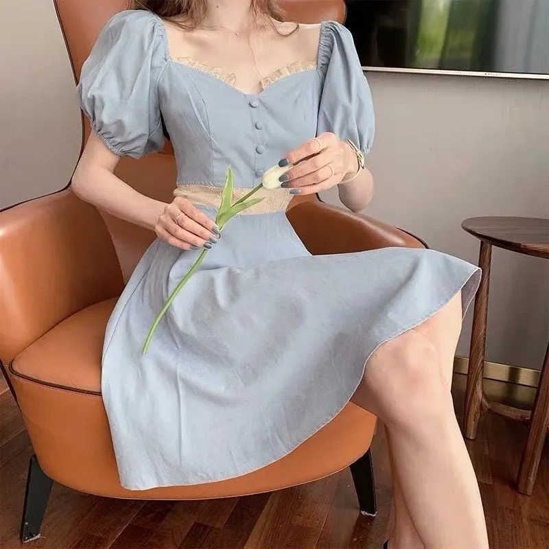 Vintage Elegant Puff Sleeve Short Dress
