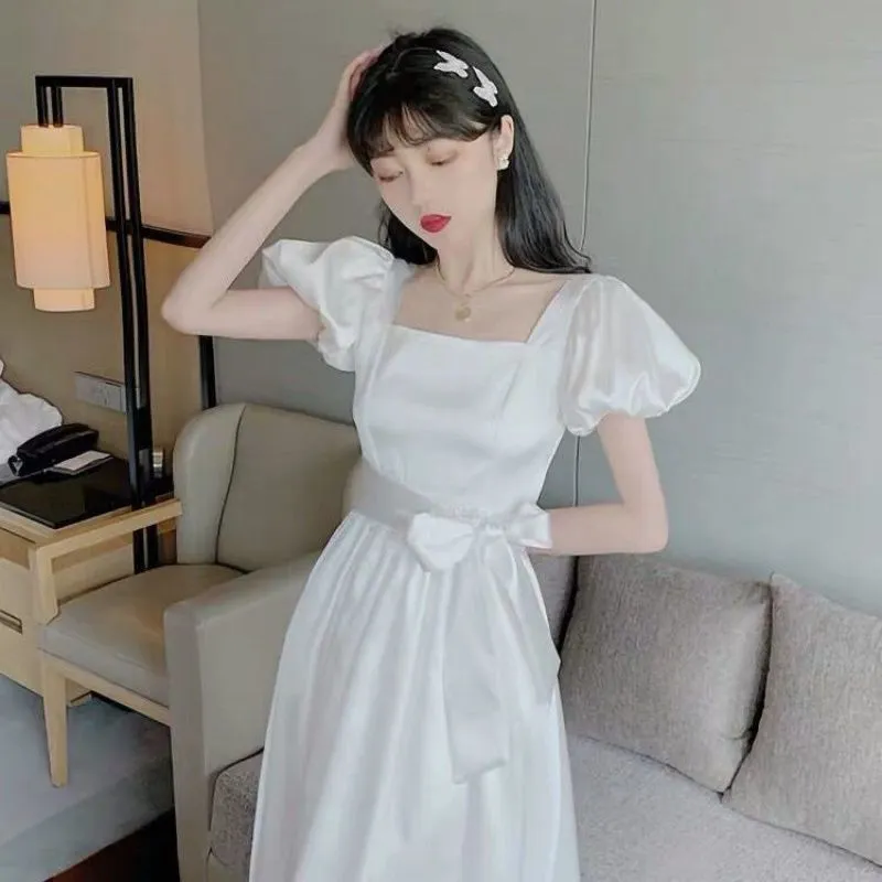 Vintage French White Puff Sleeve Long Dress