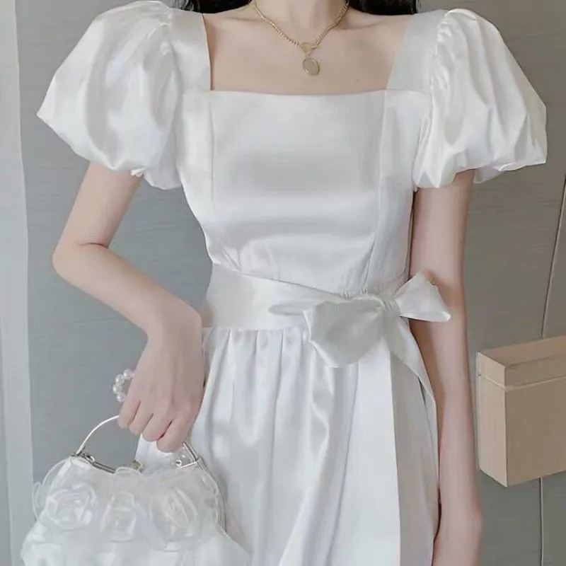 Vintage French White Puff Sleeve Long Dress