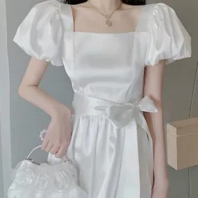 Vintage French White Puff Sleeve Long Dress