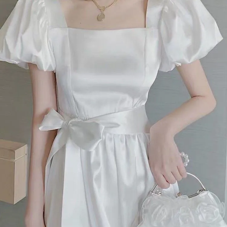Vintage French White Puff Sleeve Long Dress