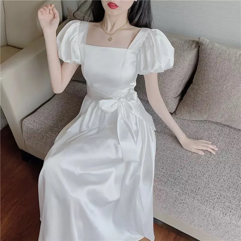 Vintage French White Puff Sleeve Long Dress