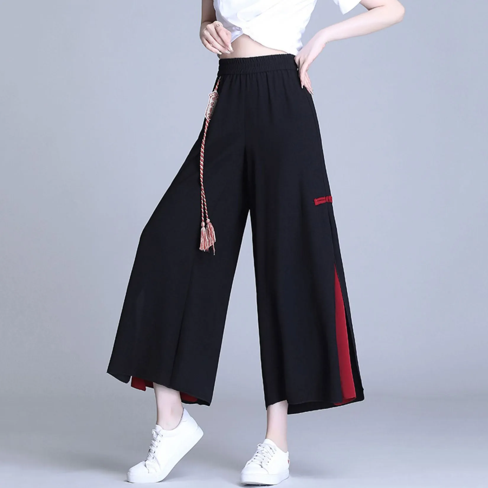 Vintage Side Split Chiffon Cropped Pants