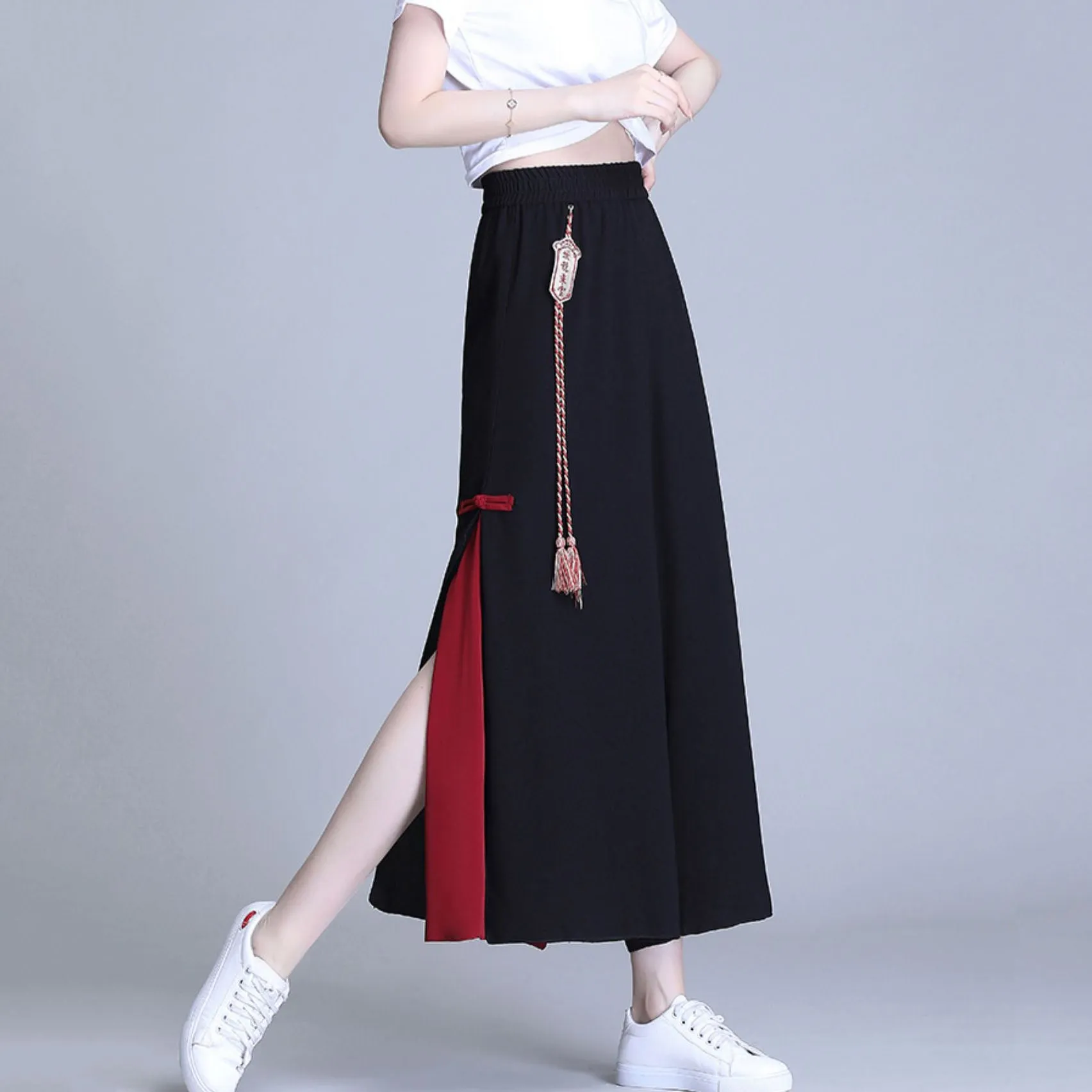 Vintage Side Split Chiffon Cropped Pants