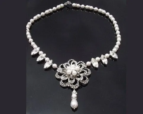 Vintage Styled Flower Necklace, Bridal Pearl Necklace, Danielle [Archival- Handmade]