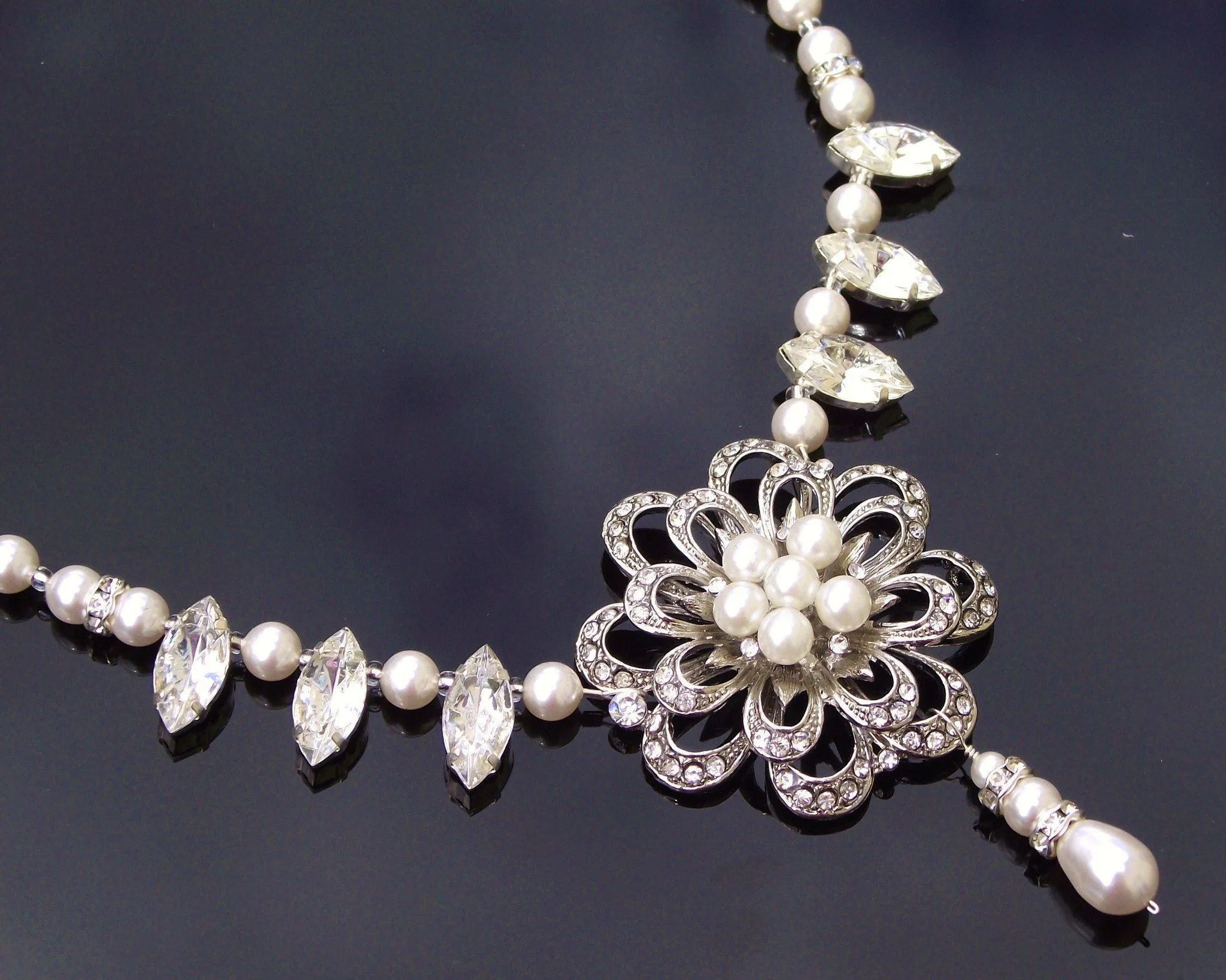 Vintage Styled Flower Necklace, Bridal Pearl Necklace, Danielle [Archival- Handmade]