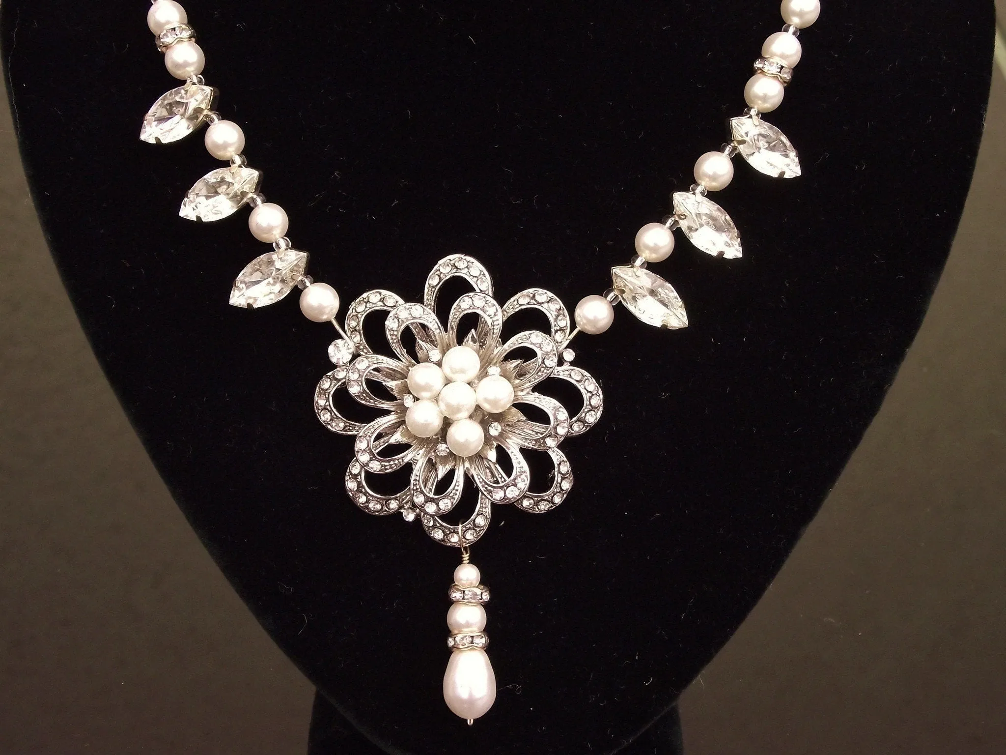 Vintage Styled Flower Necklace, Bridal Pearl Necklace, Danielle [Archival- Handmade]