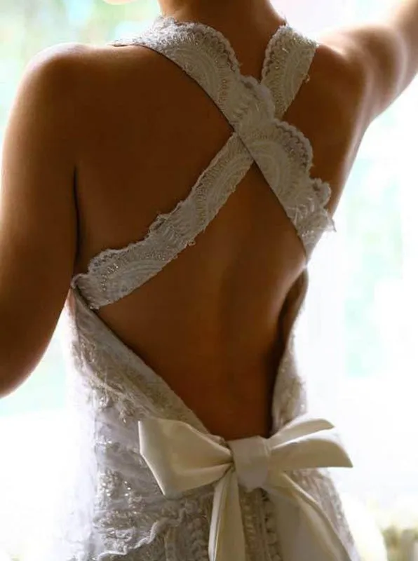 Vintage Wedding Dresses,Lace Wedding Dress,Backless Wedding Dress,Sweep Train Bridal Dress,WD00058