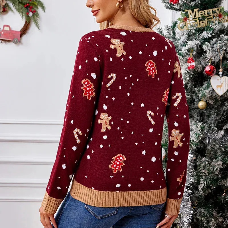 Wenkouban-Christmas Thanksgiving outfits_Cute Sweet Gingerbread Man Pattern Loose Fitting Casual Christmas Sweater