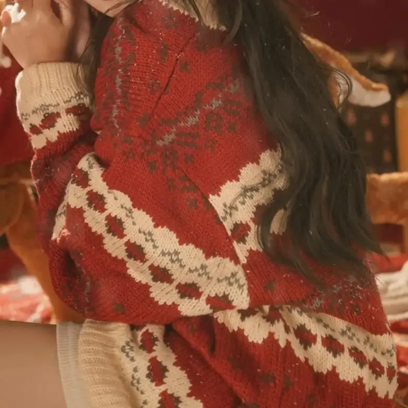 Wenkouban-Christmas Thanksgiving outfits_Lazy Style Thickened Loose Retro Christmas New Year Christmas Sweater