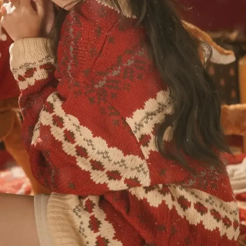 Wenkouban-Christmas Thanksgiving outfits_Lazy Style Thickened Loose Retro Christmas New Year Christmas Sweater