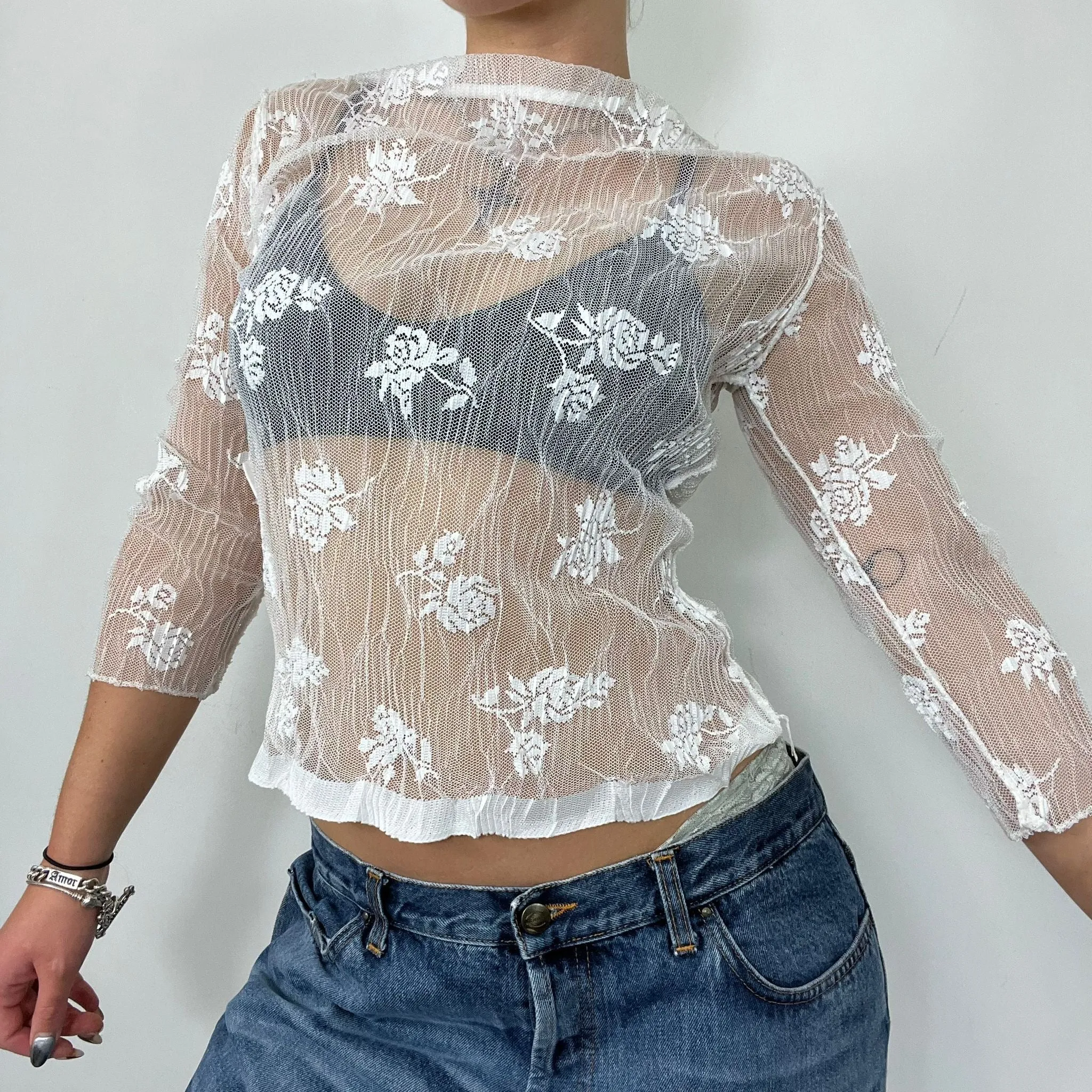 White Mesh Lace 3/4 Sleeve Blouse (M)